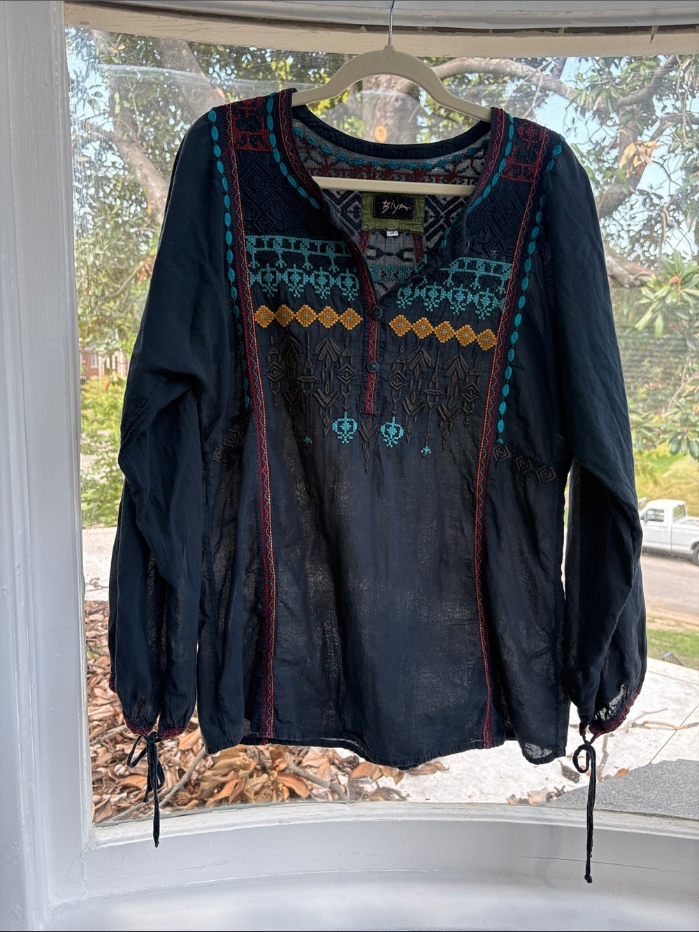 Biya-Johnny Was Navy Embroidered V-Neck Tunic with Teal & Mustard Details-Size M